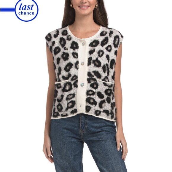 SUNDAY EDITION Cream/black Leopard Print Cardigan Vest - Picture 1 of 2